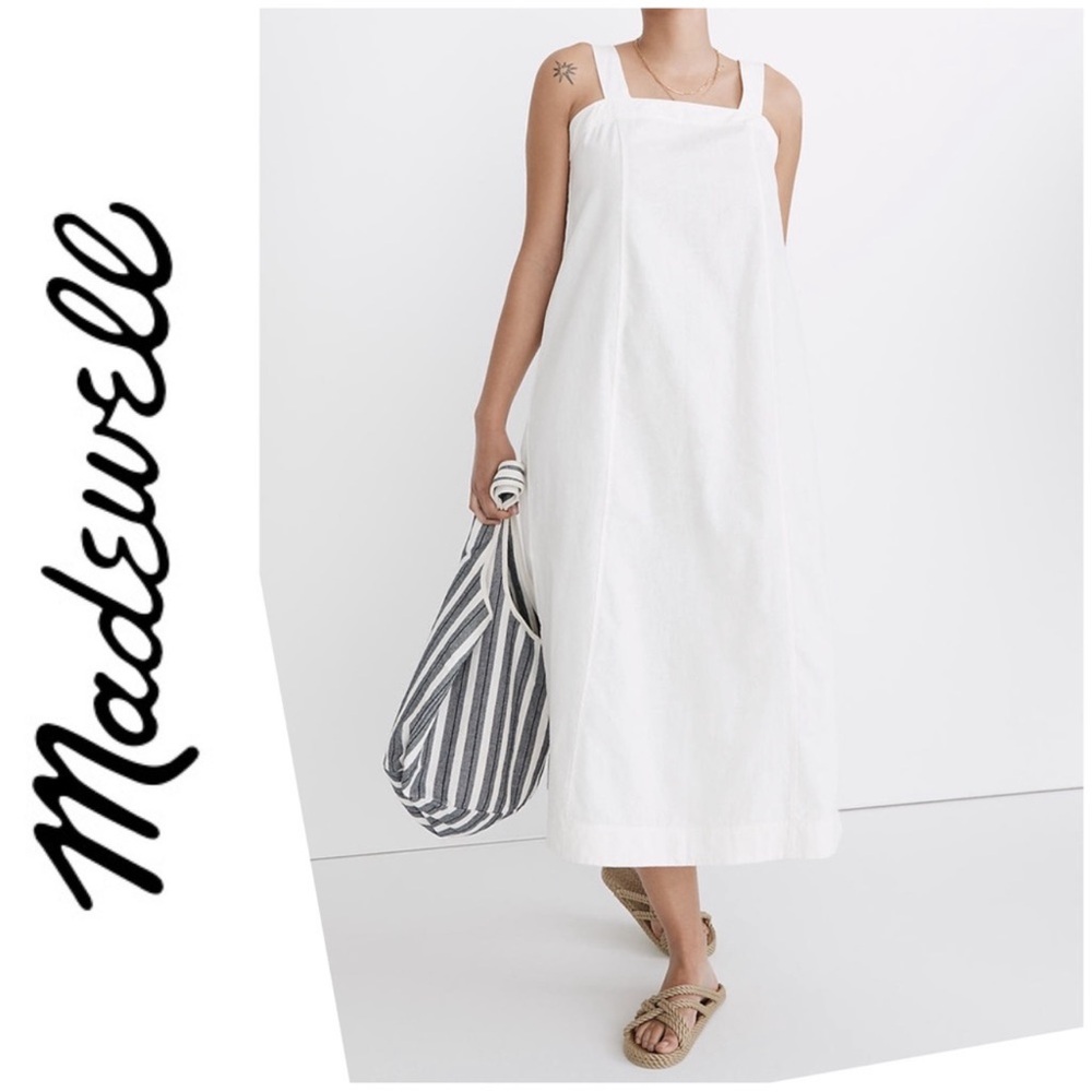 Madewell Linen-Cotton Princess-Seamed Midi Dress white adjustable strap XS XL‎